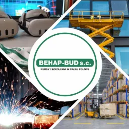 Kolaż: szkolenia BHP, wózki widłowe, spawanie, VR. Logo BEHAP-BUD s.c. Kursy i szkolenia w całej Polsce. Szkolenia techniczne i zawodowe, bezpieczeństwo pracy.