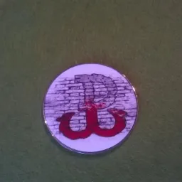 Okrągły magnes z symbolem Polski Walczącej na tle ściany z cegieł, leżący na zielonym tle.