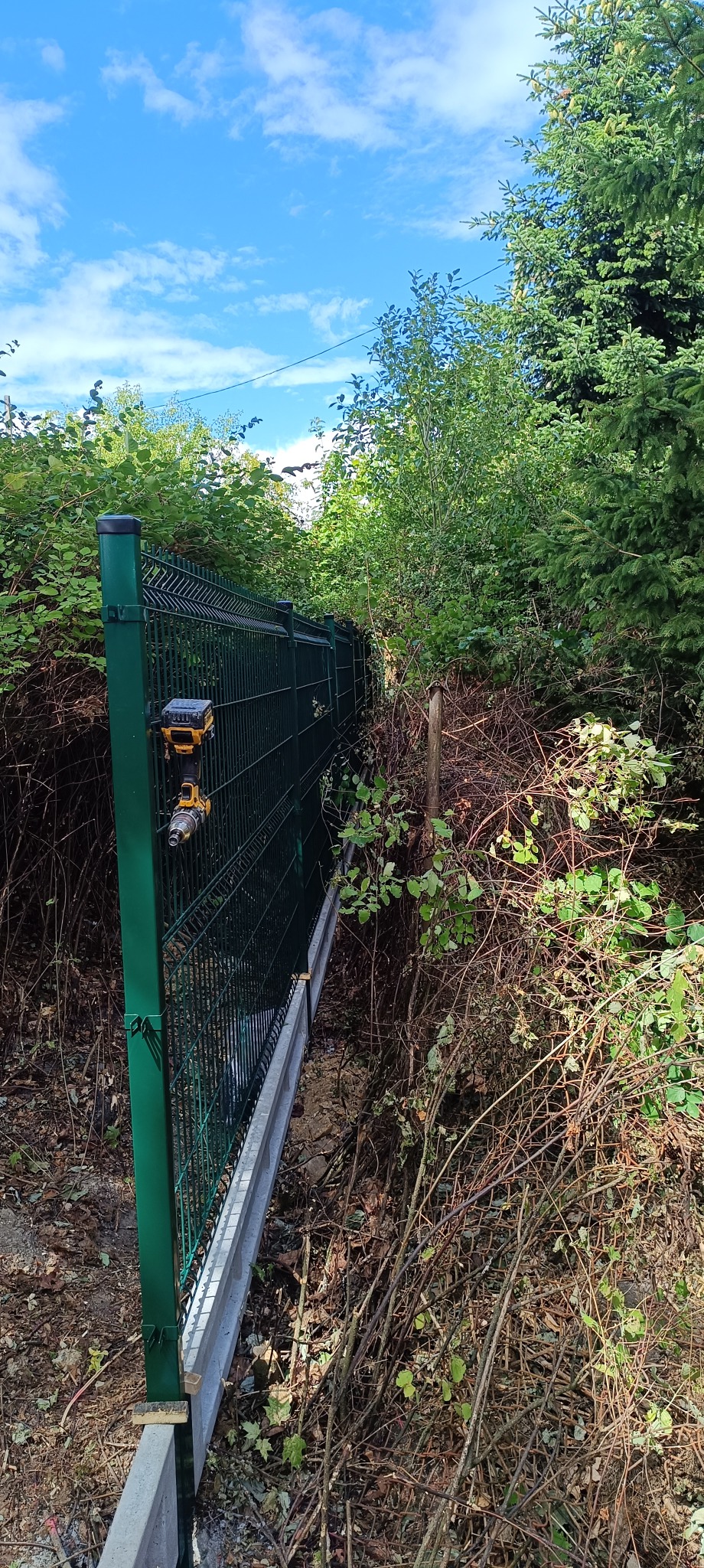 Fragment zielonego ogrodzenia panelowego z betonową podmurówką, widoczna wkrętarka akumulatorowa zawieszona na panelu, w tle zarośla i błękitne niebo.