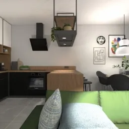 Wizualizacja nowoczesnej kuchni z czarnymi szafkami, drewnianym blatem i wiszącym okapem z roślinami, widok z salonu z zieloną sofą i poduszkami w odcieniach błękitu.