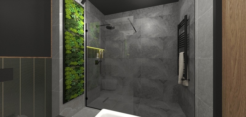 Nowoczesna łazienka z kabiną prysznicową typu walk-in, szarymi płytkami imitującymi marmur, pionowym ogrodem wertykalnym i czarnym grzejnikiem drabinkowym z ręcznikiem.