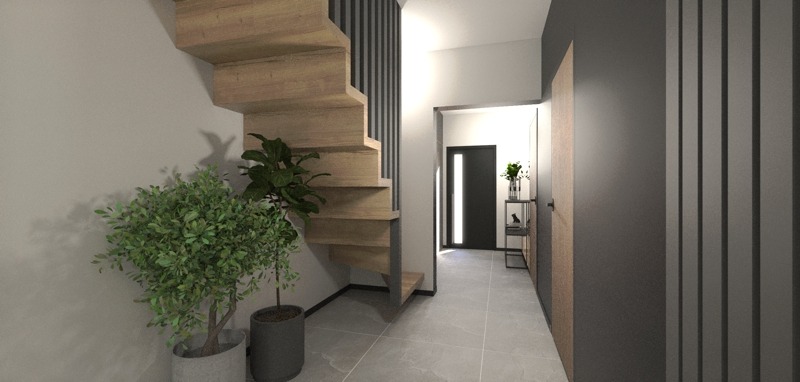 Wizualizacja przestronnego przedpokoju z drewnianymi schodami i roślinami doniczkowymi, szara podłoga i ściany z dekoracyjnymi pionowymi panelami, widok na drzwi wejściowe i minimalistyczną konsolę.
