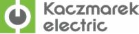 Logo firmy Kaczmarek Electric z symbolem włącznika w zielonym kwadracie i szarym napisem nazwy firmy po prawej stronie na białym tle.