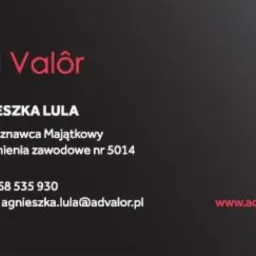 Wizytówka rzeczoznawcy majątkowego Agnieszki Luli z firmy Ad Valôr, z numerem uprawnień zawodowych, kontaktem telefonicznym i adresem e-mail.