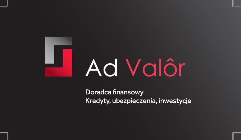 Logo firmy Ad Valôr: kwadrat z czerwono-szarym elementem, biały napis 'Ad Valôr' z czerwonym akcentem, pod spodem 'Doradca finansowy, Kredyty, ubezpieczenia, inwestycje'.