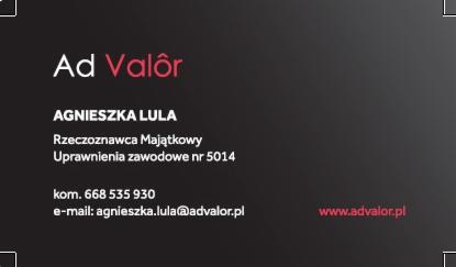 Wizytówka rzeczoznawcy majątkowego Agnieszki Luli z firmy Ad Valôr, z numerem uprawnień zawodowych, kontaktem telefonicznym i adresem e-mail.