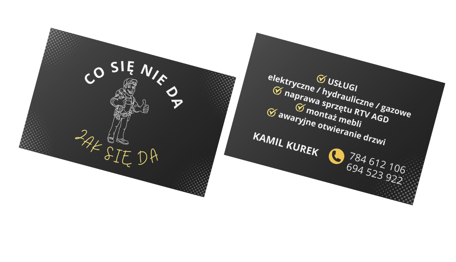 Wizytówka firmy Kamil Kurek oferującej usługi elektryczne, hydrauliczne, gazowe, naprawę sprzętu RTV AGD, montaż mebli oraz awaryjne otwieranie drzwi z hasłem Co się nie da, Jak się da i rysunkiem...