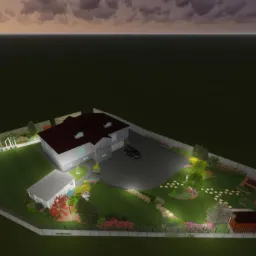 Wizualizacja 3D projektu zagospodarowania przestrzeni wokół domu jednorodzinnego z oświetleniem, ukazująca ścieżki z kamieni, rabaty kwiatowe, trawnik, altanę, warzywnik i podjazd z samochodem.