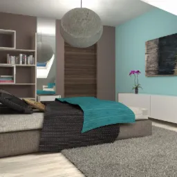 Nowoczesna sypialnia z turkusową ścianą, szarą wykładziną i łóżkiem z narzutą w odcieniach szarości i turkusu, oświetlona wiszącą lampą w kształcie kuli. Regał z książkami i obraz na ścianie...