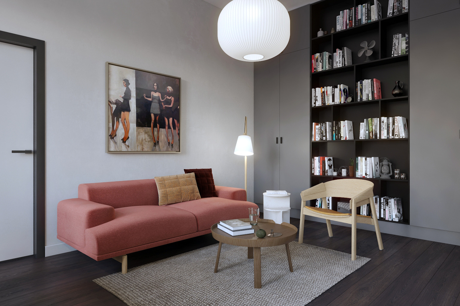 Nowoczesny salon z łososiową sofą, okrągłym stolikiem kawowym i regałem z książkami, oświetlony lampą podłogową i wiszącą lampą kulą. Na ścianie obraz z postaciami kobiecymi.