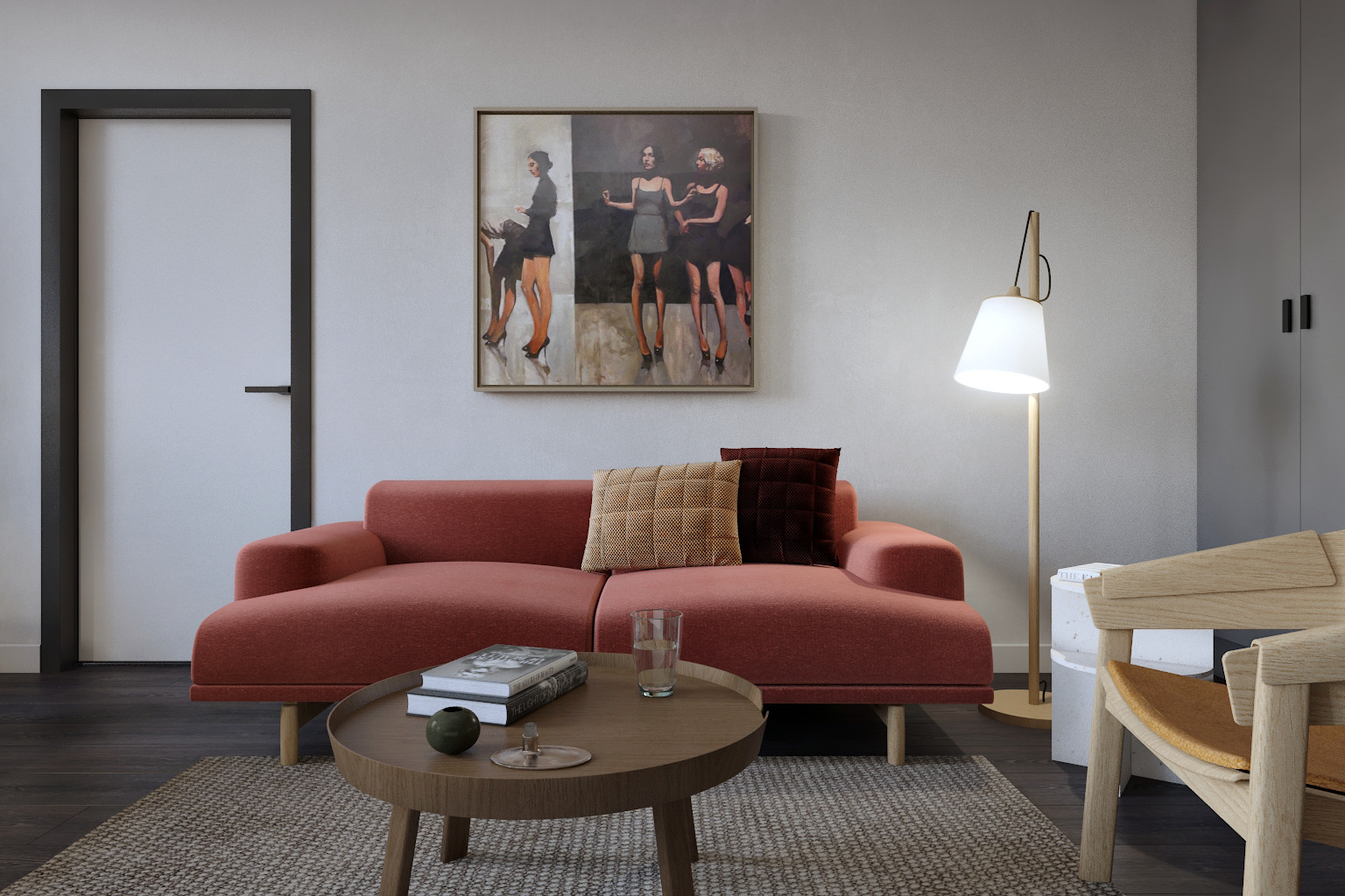Nowoczesny salon z koralową sofą, obrazem z postaciami, okrągłym stolikiem kawowym, lampą podłogową i drewnianym krzesłem na tle szarej ściany i ciemnej podłogi.