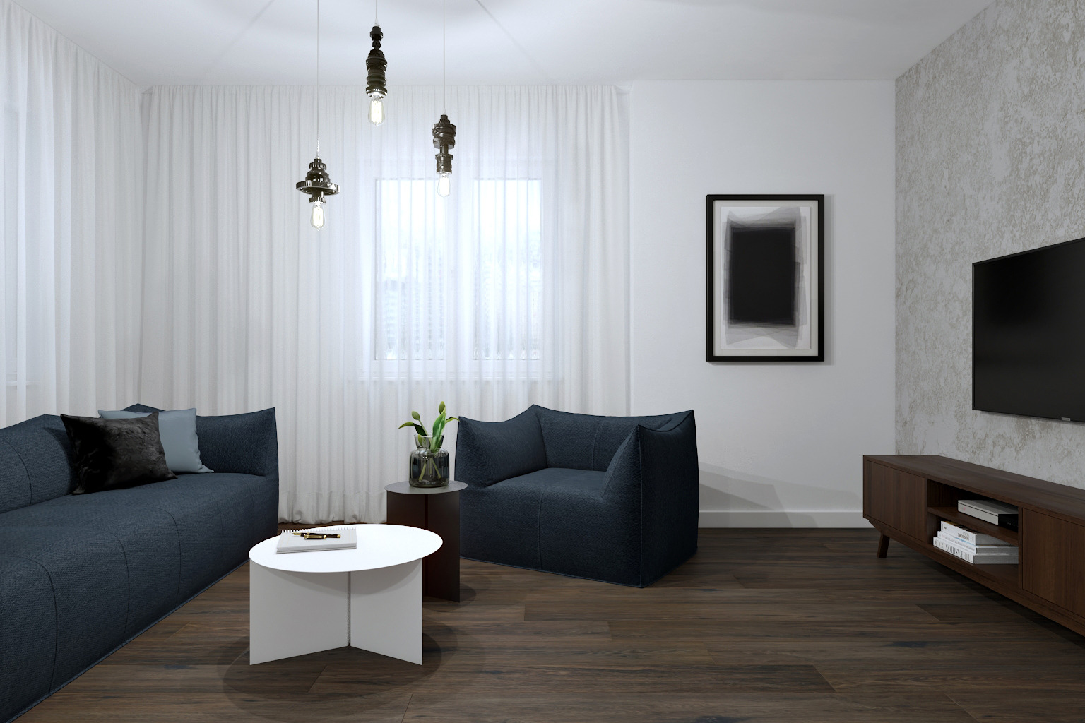 Nowoczesny salon z granatową sofą i fotelem typu bean bag, białym stolikiem kawowym, drewnianą szafką RTV i abstrakcyjnym obrazem na ścianie z dekoracyjną tapetą.