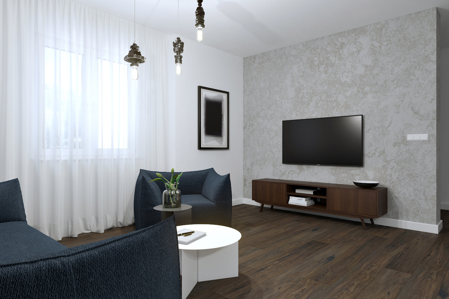 Nowoczesny salon z ciemną drewnianą podłogą, szarą ścianą z telewizorem,  granatowymi meblami wypoczynkowymi i białym stolikiem kawowym. Wiszące lampy z odsłoniętymi żarówkami i minimalistyczny...