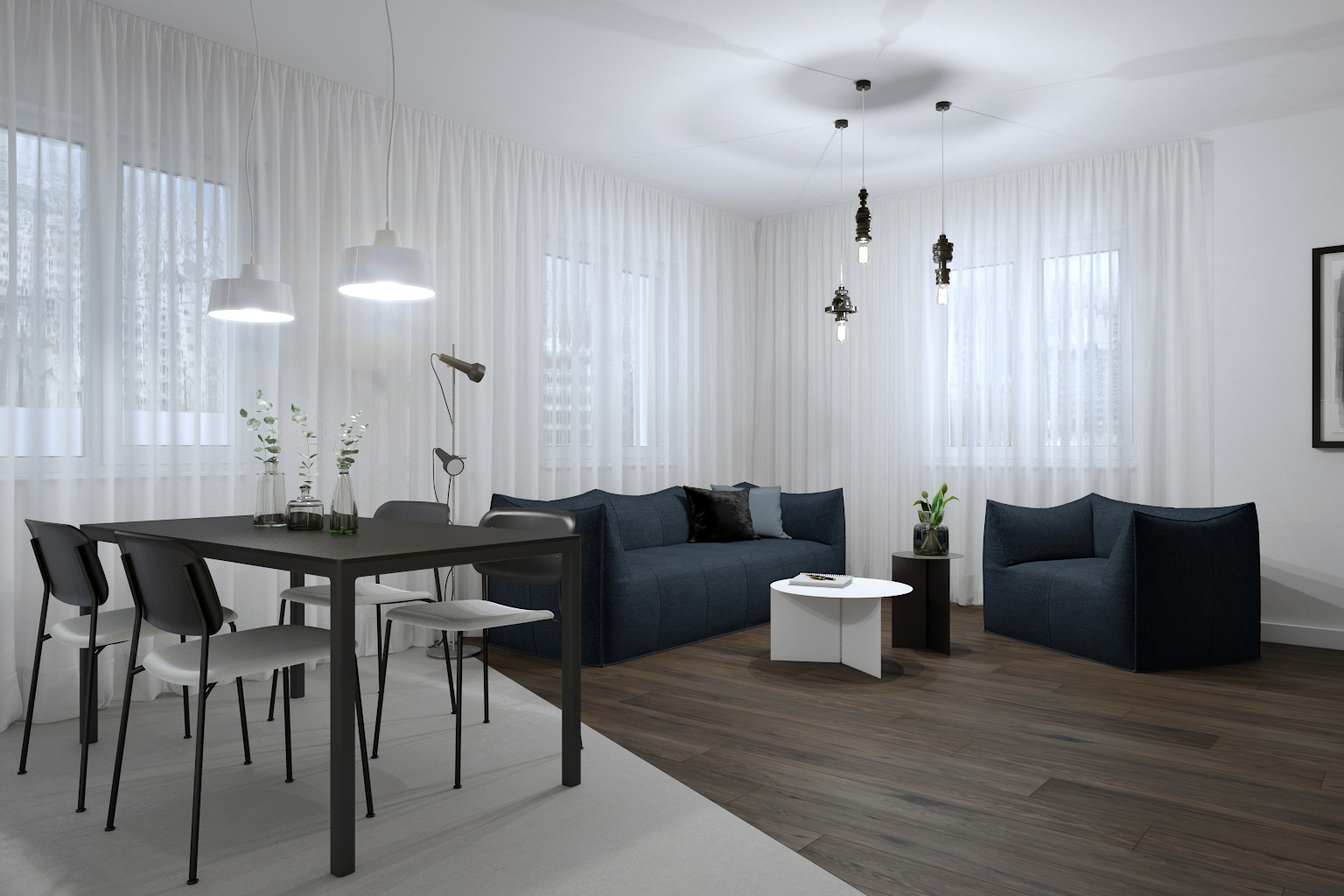 Nowoczesne wnętrze z ciemnym stołem i krzesłami, sofą modułową w odcieniach granatu, białymi zasłonami i designerskimi lampami wiszącymi