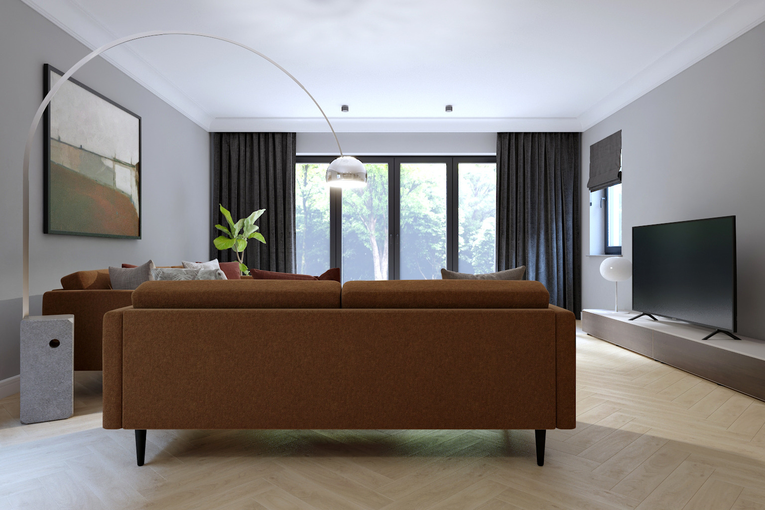 Nowoczesny salon z brązową sofą modułową, parkietem w jodełkę, dużym oknem z widokiem na zieleń, minimalistyczną lampą łukową i abstrakcyjnym obrazem na ścianie.