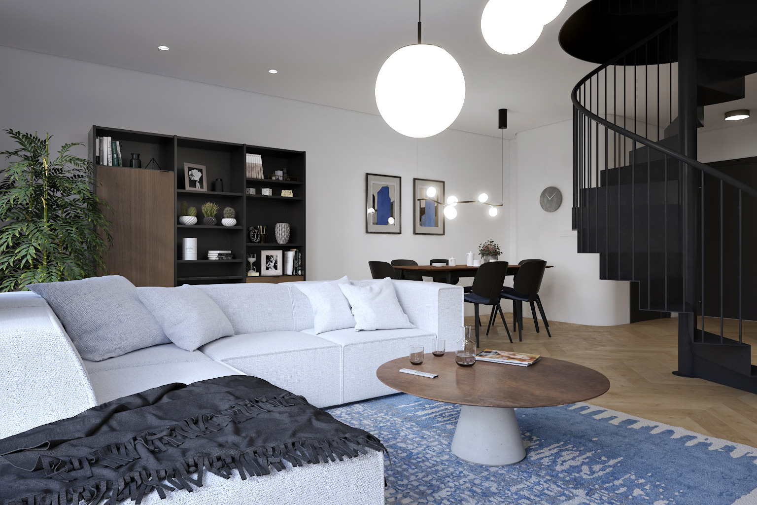 Jasny salon w Olsztynie z narożną sofą, okrągłym stolikiem kawowym i spiralnymi schodami w tle, oświetlony kulistymi lampami.