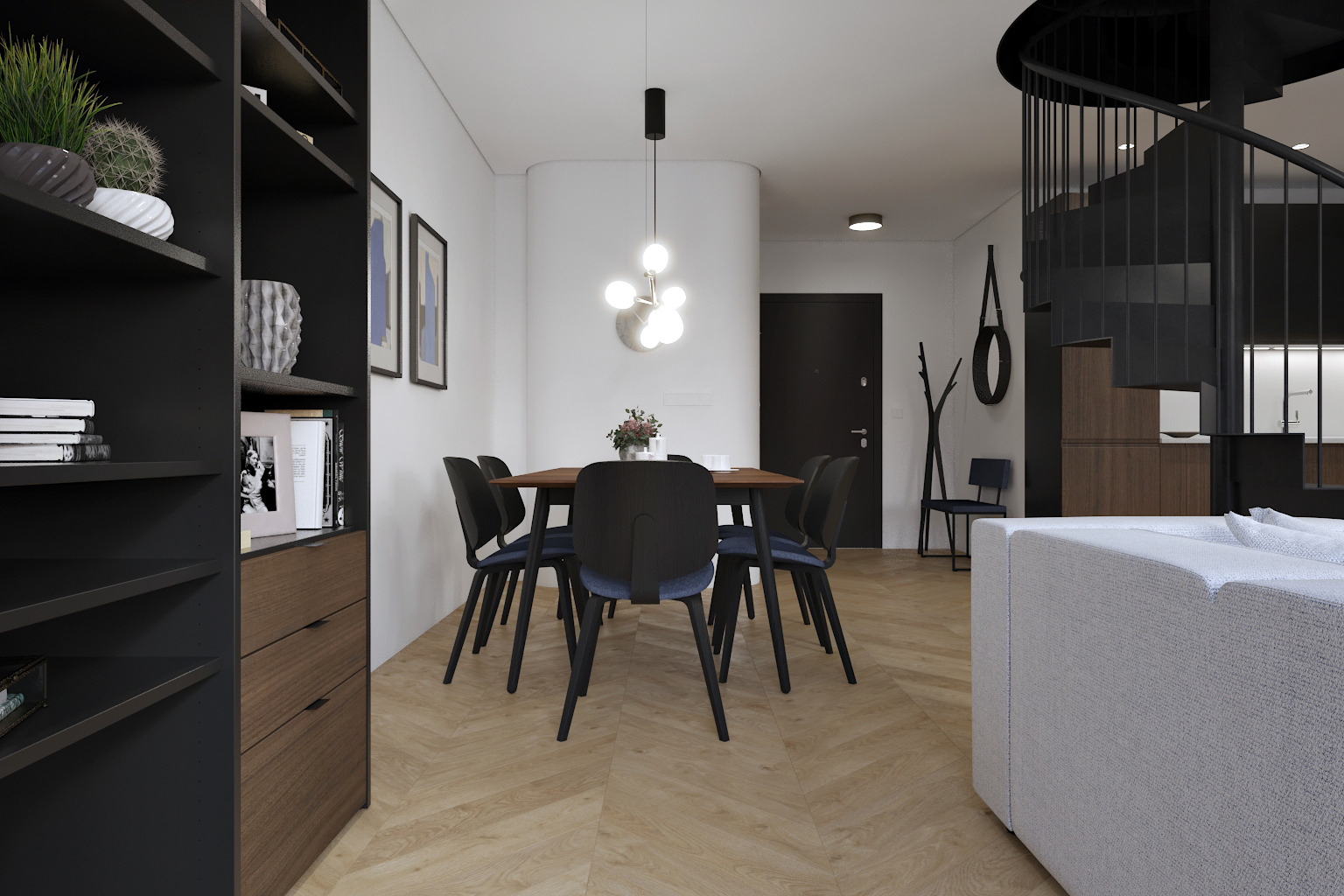 Nowoczesna jadalnia z drewnianym stołem, krzesłami z czarnymi nogami i niebieskimi siedziskami, wiszącą lampą w kształcie kuli, parkietem w jodełkę oraz spiralnymi schodami w tle.