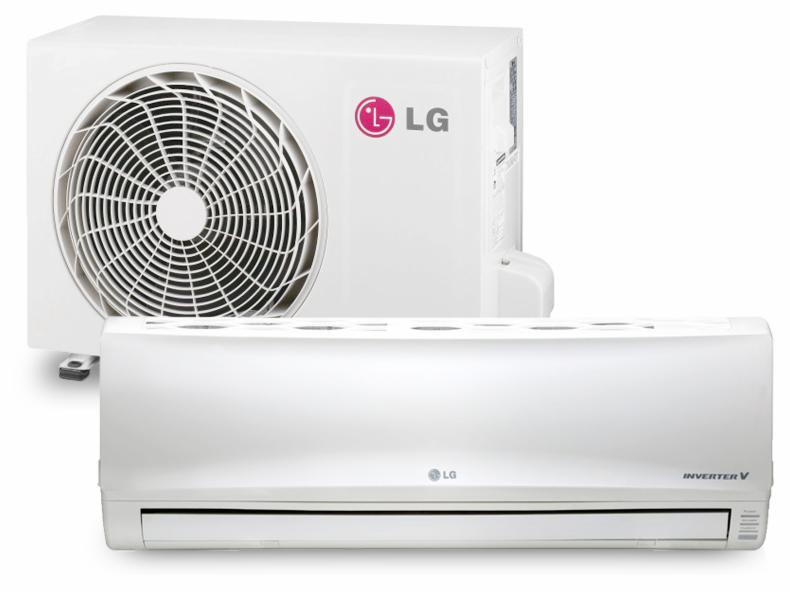 Biała klimatyzacja LG inwerterowa, jednostka zewnętrzna i wewnętrzna, widok z przodu. Nowoczesny design, czyste linie, idealne do domu lub biura.
