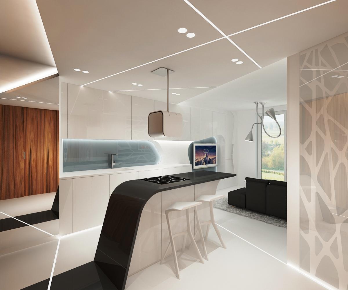 Nowoczesna, minimalistyczna kuchnia z czarnym blatem i białymi szafkami, oświetlona liniowymi lampami LED na suficie. Widoczny fragment salonu z czarną sofą i wzorzystą ścianą.