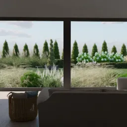 Widok z salonu na zadbany ogród z formowanymi tujami, trawami ozdobnymi i hortensjami, widoczny przez duże okno.