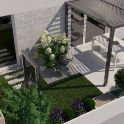 OGRODOWY KREATOR Iwona Falęcka - Projekt ogrodu z metalową pergolą, grillem i meblami ogrodowymi. Widok z góry ukazuje trawnik, ścieżki z płyt i różnorodną roślinność.