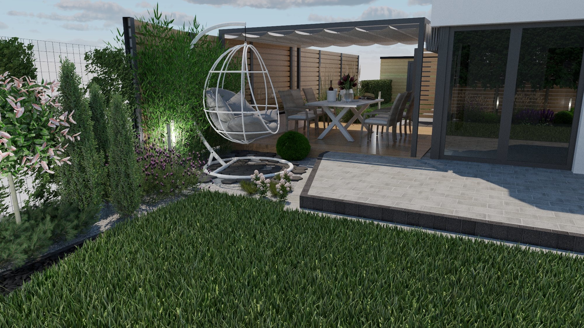 Wizualizacja ogrodu z drewnianą pergolą, wiszącym fotelem, stołem z krzesłami na drewnianym tarasie, kostką brukową i bujną roślinnością.