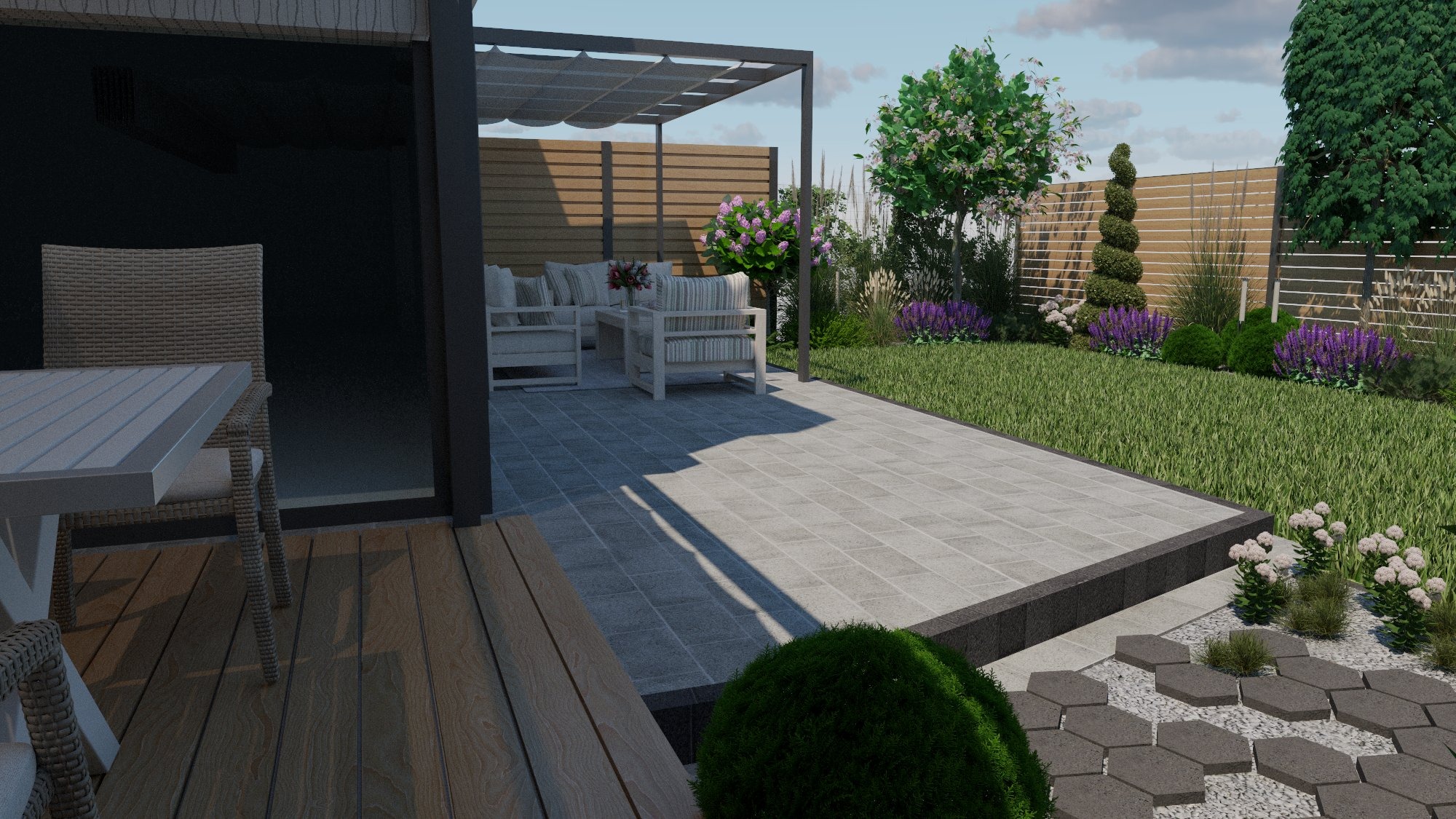 Wizualizacja ogrodu z pergolą, meblami ogrodowymi i tarasem wyłożonym szarą kostką, obok trawnik z nasadzeniami i ścieżka z heksagonalnych płyt.