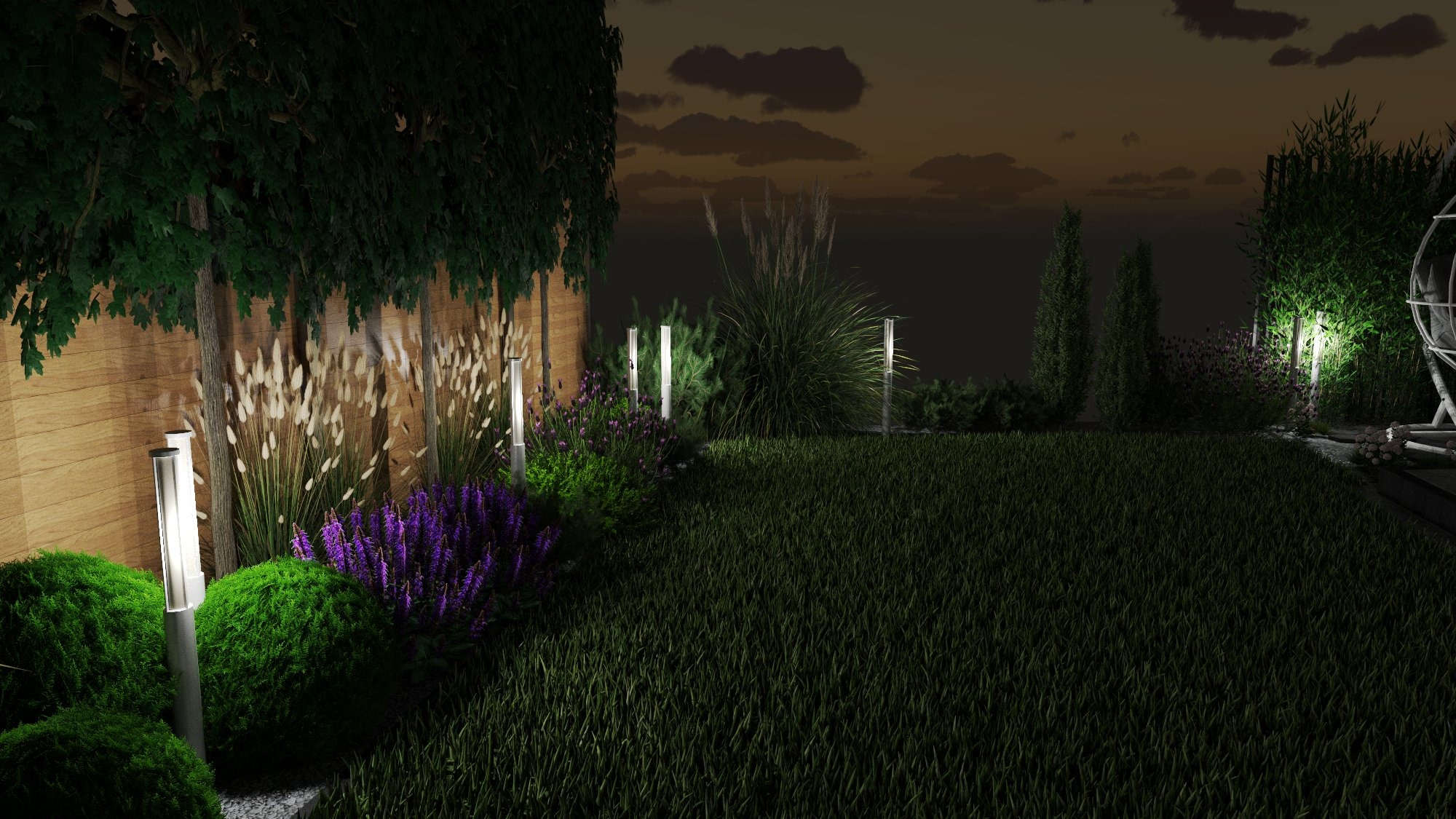 Oświetlony ogród nocą z nowoczesnymi lampami, zielonymi krzewami, fioletowymi kwiatami i starannie przystrzyżonym trawnikiem.