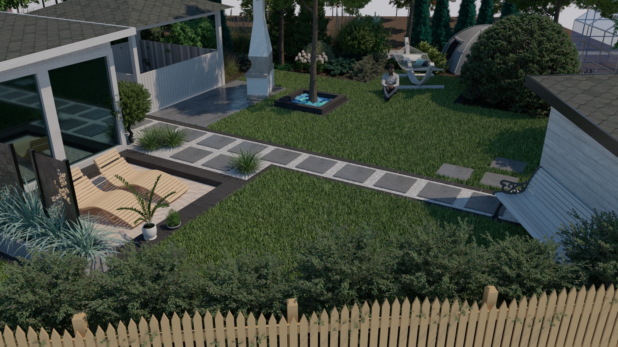 Wizualizacja zagospodarowania przestrzeni przydomowej z równo przystrzyżonym trawnikiem, ścieżką z płyt, miejscem do grillowania, drewnianymi leżakami i wypoczywającym mężczyzną w tle.