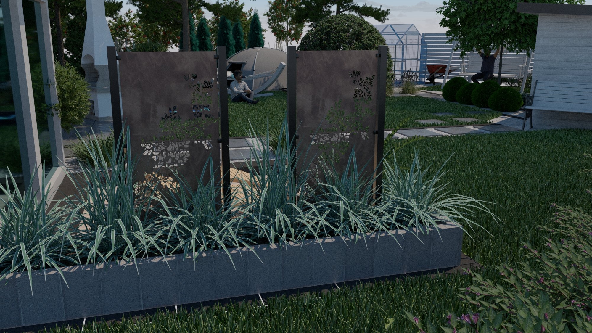 Wizualizacja ogrodu z nowoczesnymi metalowymi panelami dekoracyjnymi z motywem roślinnym, oddzielającymi strefę relaksu z hamakiem od reszty ogrodu. W pierwszym planie podłużna donica z ozdobnymi...