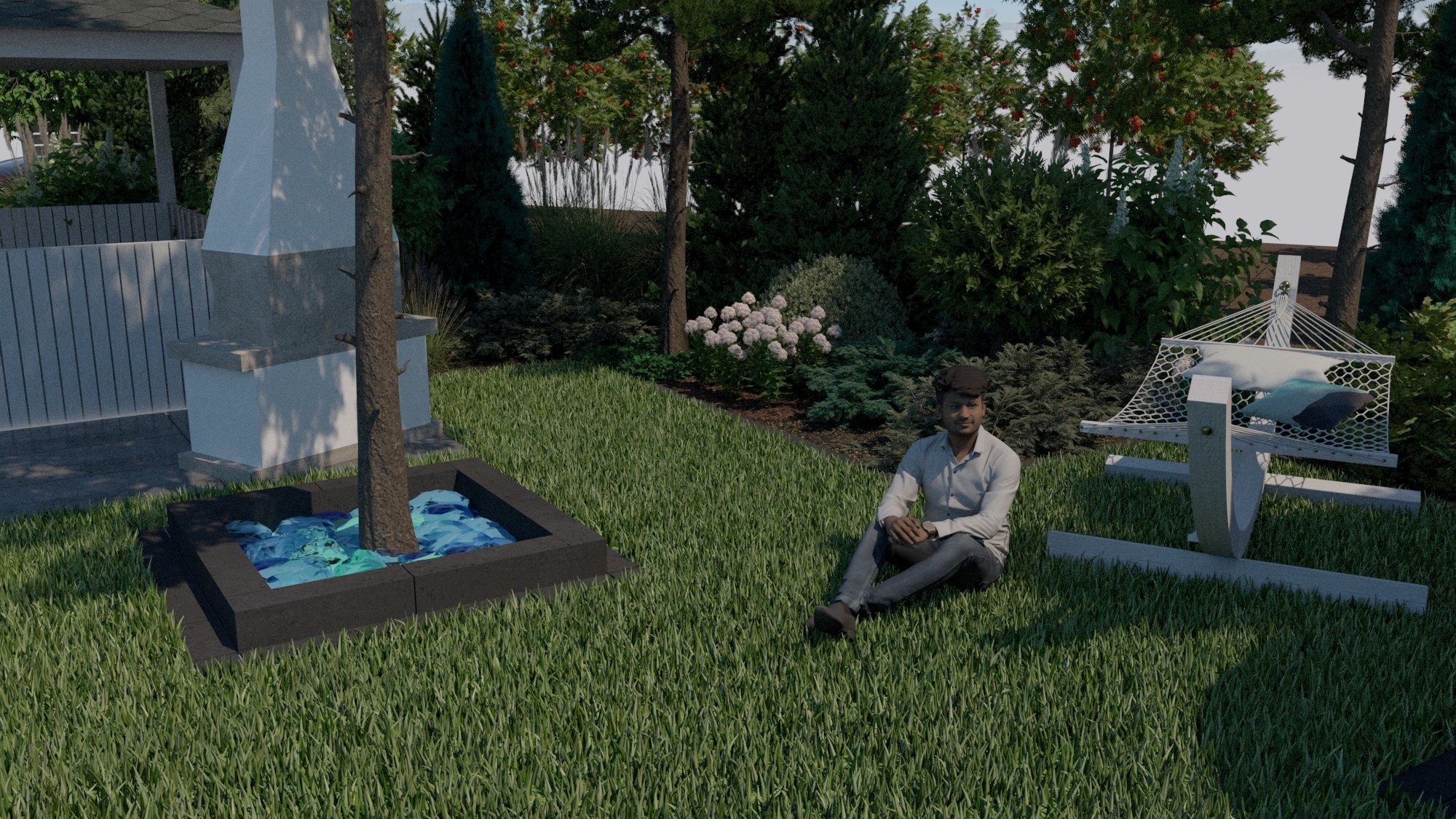 Wizualizacja ogrodu z posadzoną trawą, miejscem do grillowania, drzewem w czarnej obudowie wypełnionej niebieskimi kamieniami, hamakiem i siedzącym mężczyzną.
