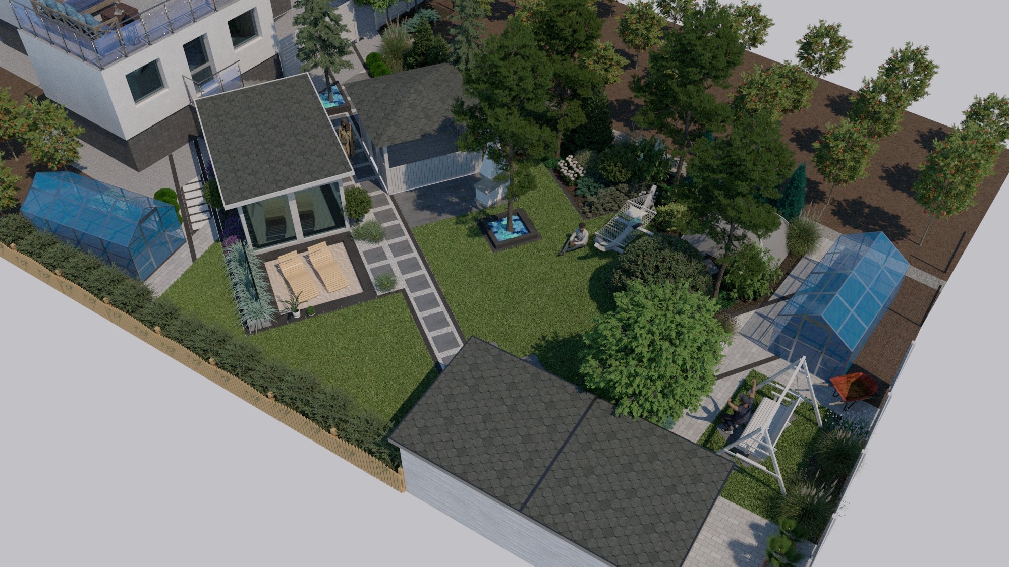 Wizualizacja 3D zagospodarowania przestrzeni wokół domu z dwoma szklarniami, trawnikiem, ścieżkami z płyt, pergolą, hamakiem i elementami małej architektury.