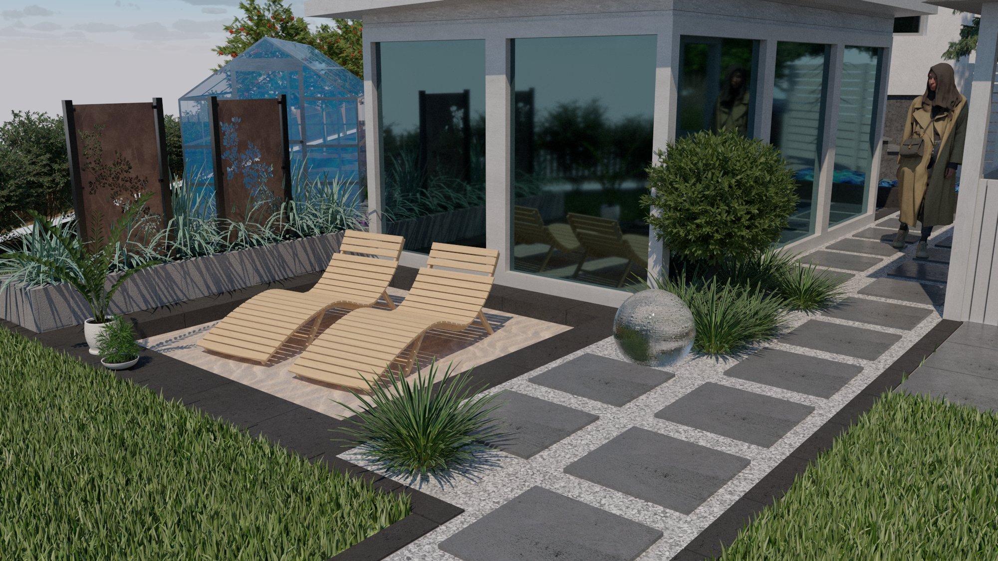 Wizualizacja ogrodu z dwoma drewnianymi leżakami na piasku, dekoracyjną szklaną kulą, ścieżką z płyt betonowych i nowoczesną szklarnią w tle, uzupełniona metalowymi panelami ażurowymi i zielenią.
