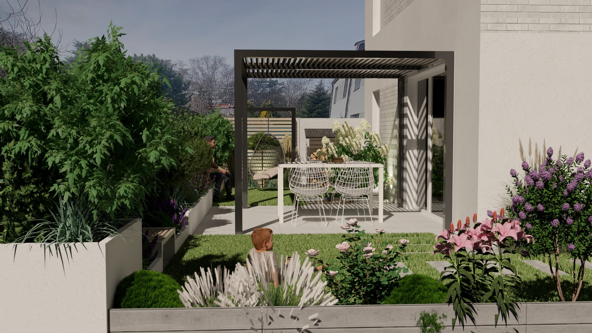 Nowoczesny ogród z pergolą, stołem i krzesłami. Bujna roślinność, w tym kwiaty i drzewa, tworzy przytulną atmosferę. Widoczny fragment domu z białymi ścianami.