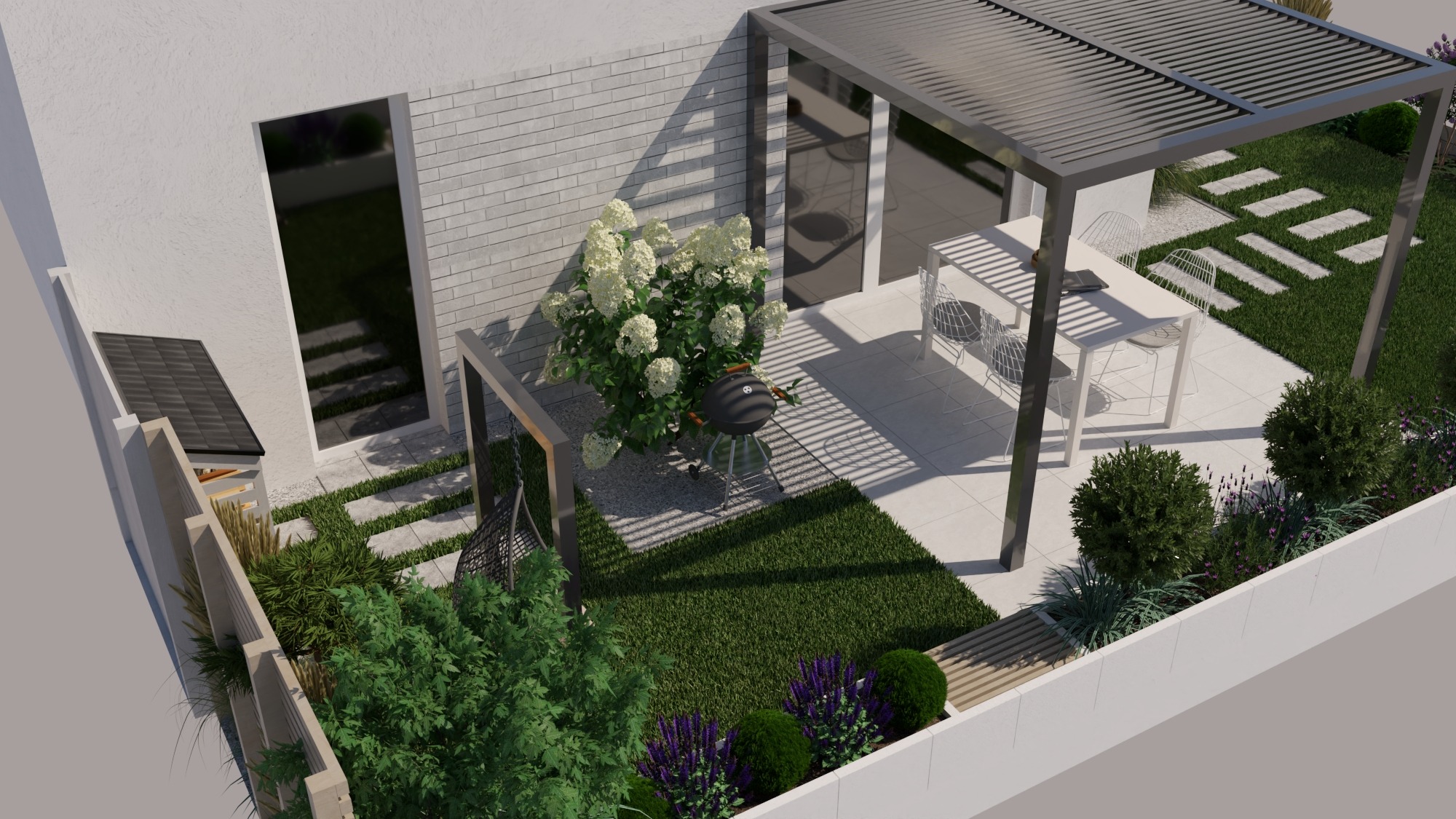 Projekt ogrodu z metalową pergolą, grillem i meblami ogrodowymi. Widok z góry ukazuje trawnik, ścieżki z płyt i różnorodną roślinność.