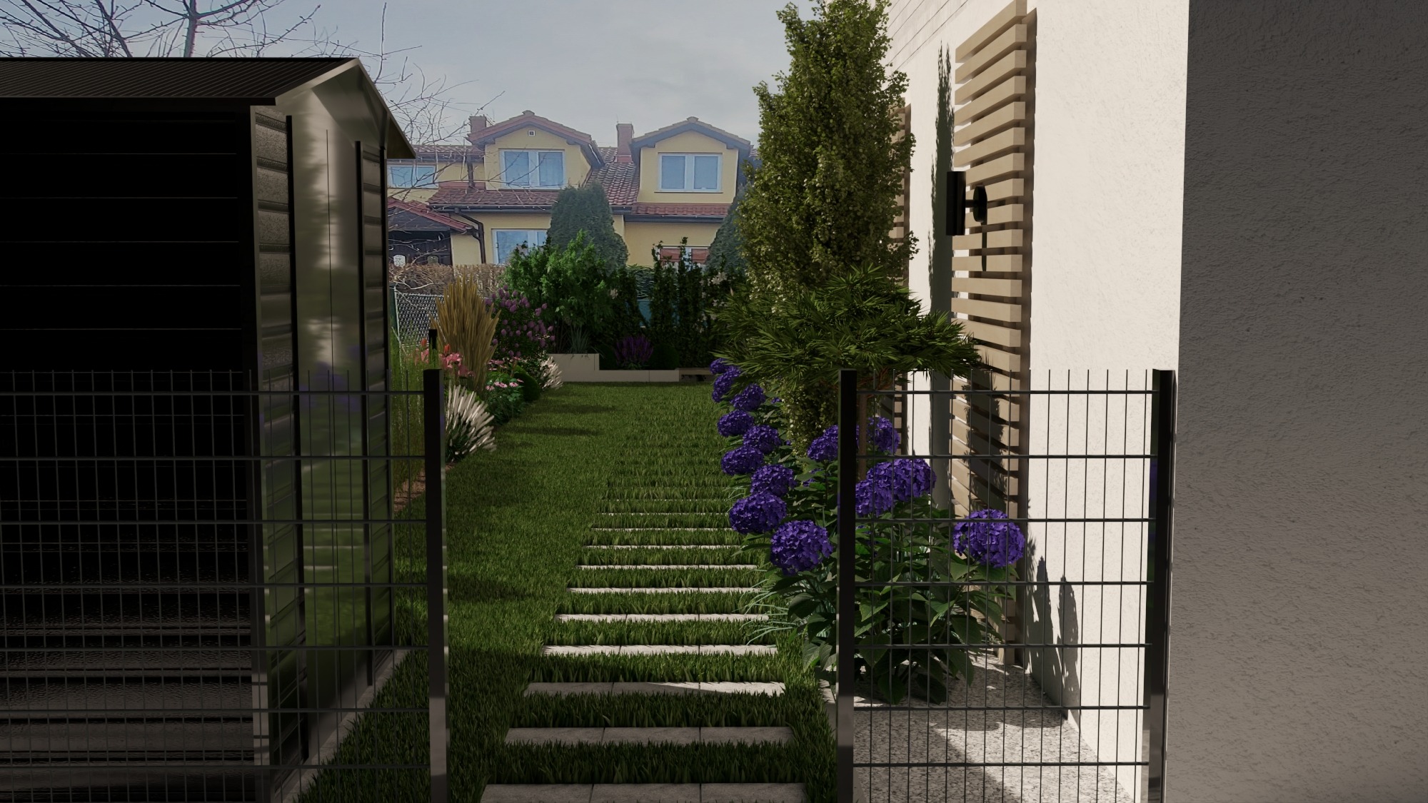 Projekt ogrodu z metalowym ogrodzeniem, ścieżką z płyt, rabatami kwiatowymi i domkiem narzędziowym. Widok na dom w tle, zieleń i elementy architektury ogrodowej.