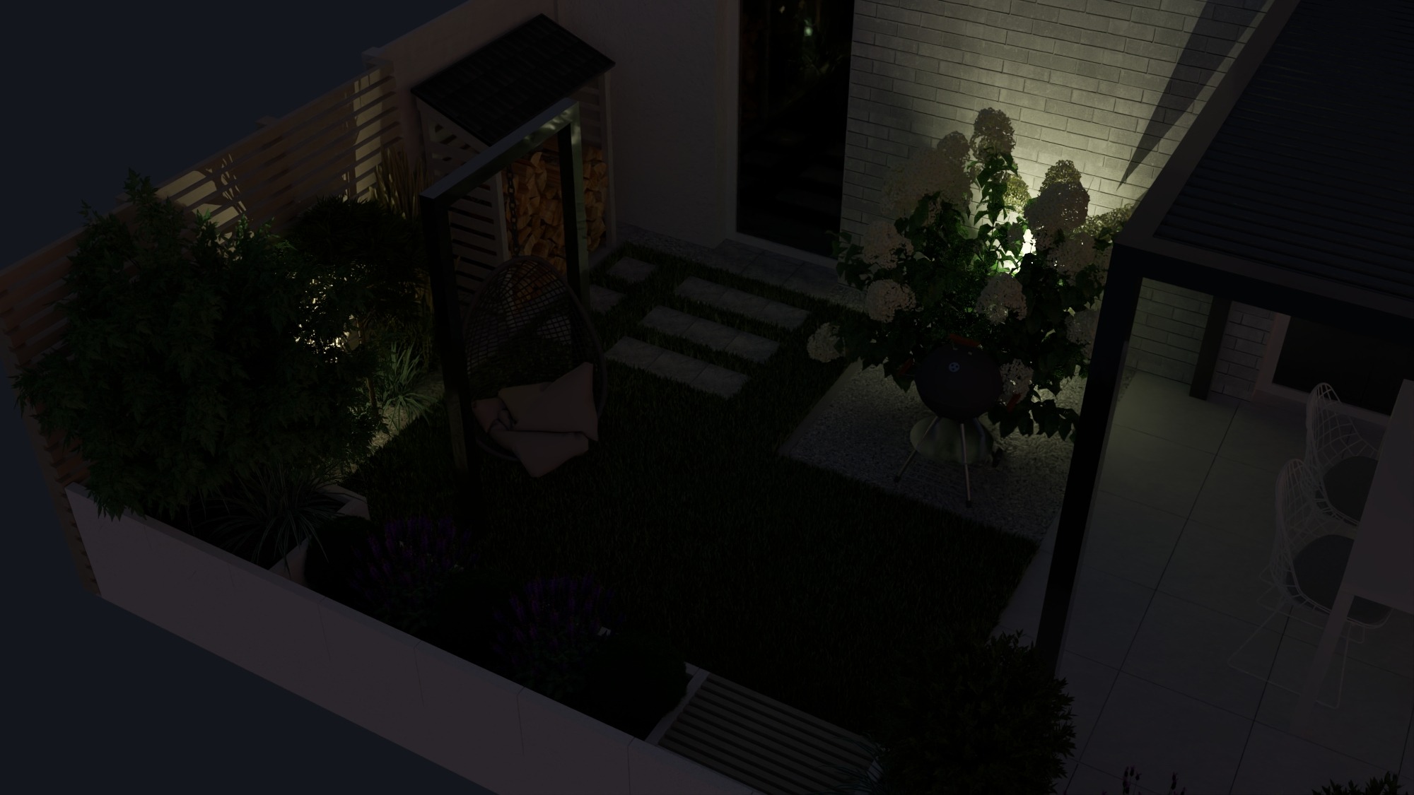 Nocny widok z góry na oświetlony ogród z pergolą, meblami ogrodowymi, roślinami i miejscem na ognisko. Elementy dekoracyjne i funkcjonalne tworzą przytulną przestrzeń.