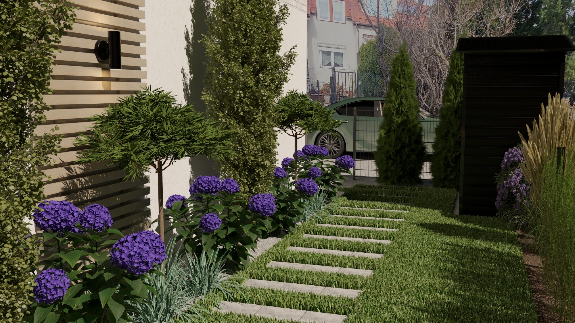 Nowoczesny ogród z ścieżką z płyt, hortensjami i strzyżonymi drzewami. Minimalistyczny design z elementami zieleni i fioletu, oświetlenie zewnętrzne.
