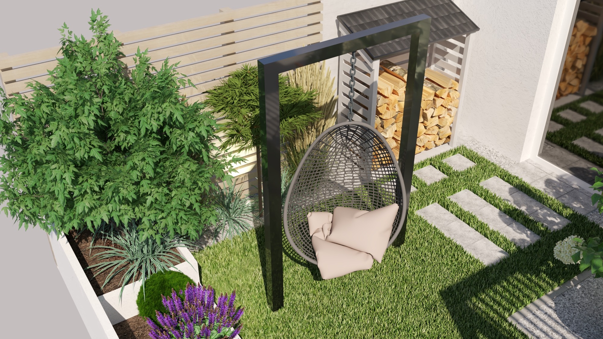 Wizualizacja ogrodu z wiszącym fotelem, drewnem na opał i ścieżką z płyt na trawie. Widok z góry ukazuje kompozycję roślin i nowoczesny design.