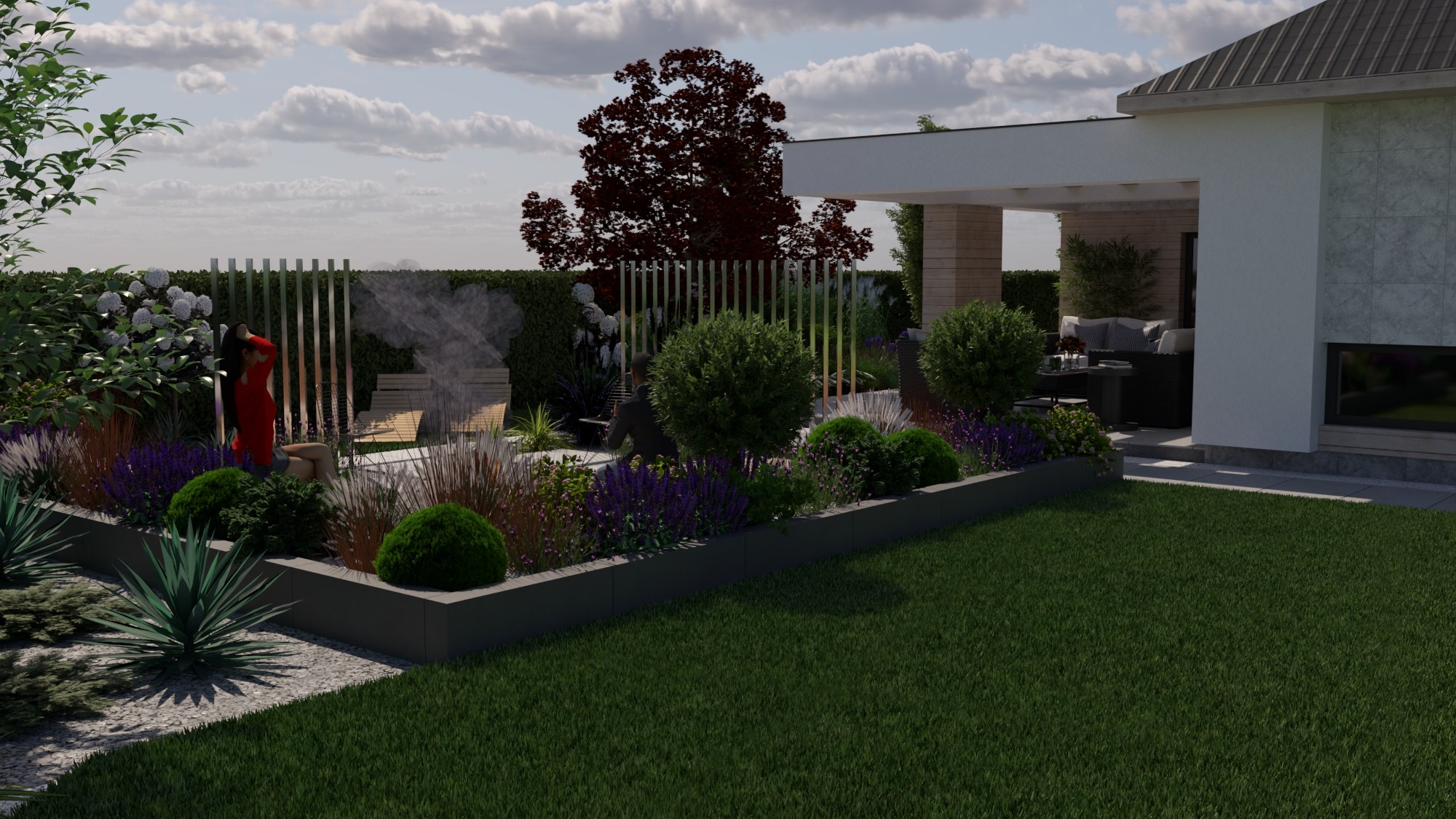 Wizualizacja ogrodu z nowoczesną pergolą, rabatami kwiatowymi i trawnikiem. W tle budynek z tarasem i meblami ogrodowymi. Elementy dekoracyjne i oświetlenie.