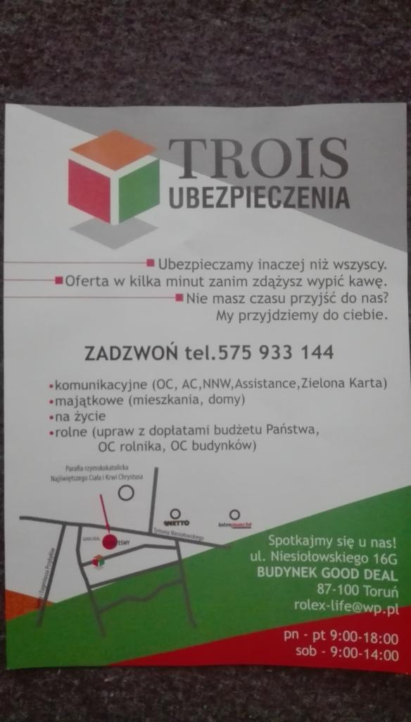 Ulotka reklamowa firmy ubezpieczeniowej Trois z logotypem, ofertą i danymi kontaktowymi, w tym mapką dojazdu.