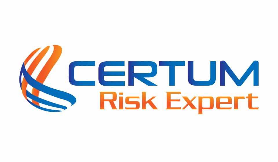 Logo firmy 'Certum Risk Expert' z abstrakcyjnym symbolem w kolorach niebieskim i pomarańczowym, umieszczone na białym tle. Nazwa firmy w kolorze niebieskim, slogan w pomarańczowym.