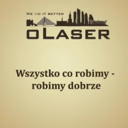 Logo firmy budowlanej OLASER z sylwetką miasta i hasłem 'Wszystko co robimy - robimy dobrze'.