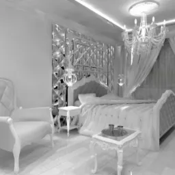 Elegancka, monochromatyczna sypialnia w stylu glamour z kryształowym żyrandolem, lustrzaną ścianą, łóżkiem z pikowanym zagłówkiem i ozdobnym krzesłem