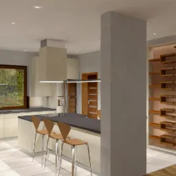 Wizualizacja jasnej kuchni z wyspą i hokerami. Na ścianie dekoracyjna półka. Okno z widokiem na zieleń. Minimalistyczny styl, neutralna kolorystyka, nowoczesne oświetlenie.