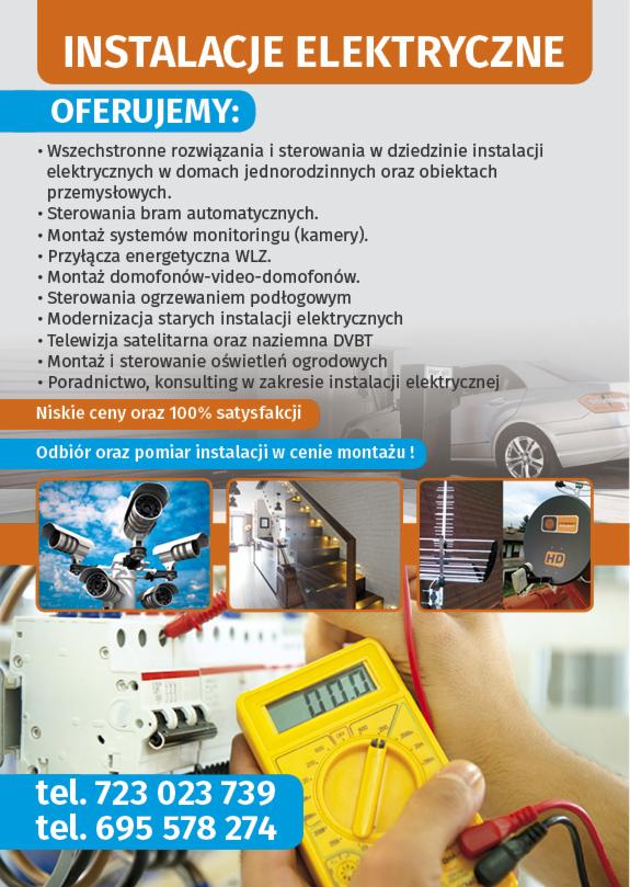 Żółty multimetr w dłoni elektryka, pomiar instalacji elektrycznej. W tle schemat instalacji, kamery monitoringu, schody z oświetleniem, antena satelitarna.