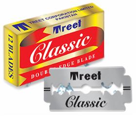 Ostrze do golenia marki Treet Classic Double Edge Blade na tle opakowania, widoczne napisy i logo.