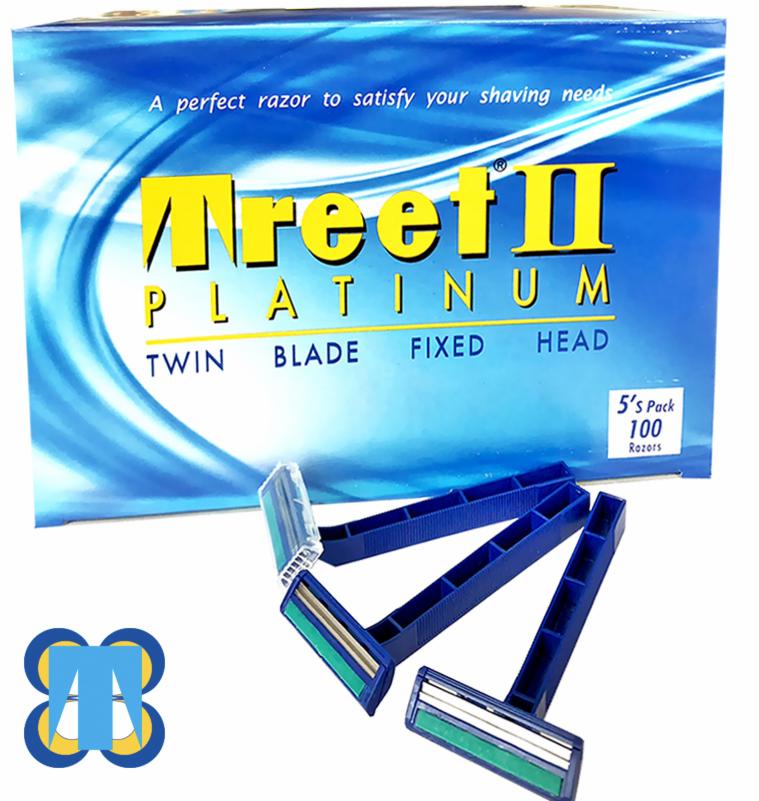 Opakowanie niebieskich maszynek do golenia Areet II Platinum z pięcioma maszynkami ułożonymi obok, widoczne ostrza i plastikowe rączki.