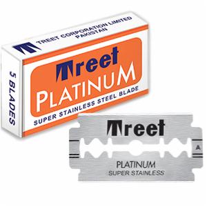 Opakowanie żyletek Treet Platinum z napisem '5 Blades' oraz pojedyncza, nierozpakowana żyletka z logo Treet, leżące na białym tle.