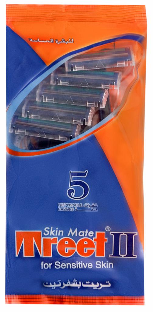 Opakowanie jednorazowych maszynek do golenia z pięcioma ostrzami, przeznaczonych do skóry wrażliwej, w kolorystyce niebiesko-pomarańczowej z arabskimi napisami.